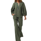 Womens Casual Long-Sleeve Cotton-Linen Top And Straight-Leg Pants Two-Piece Set