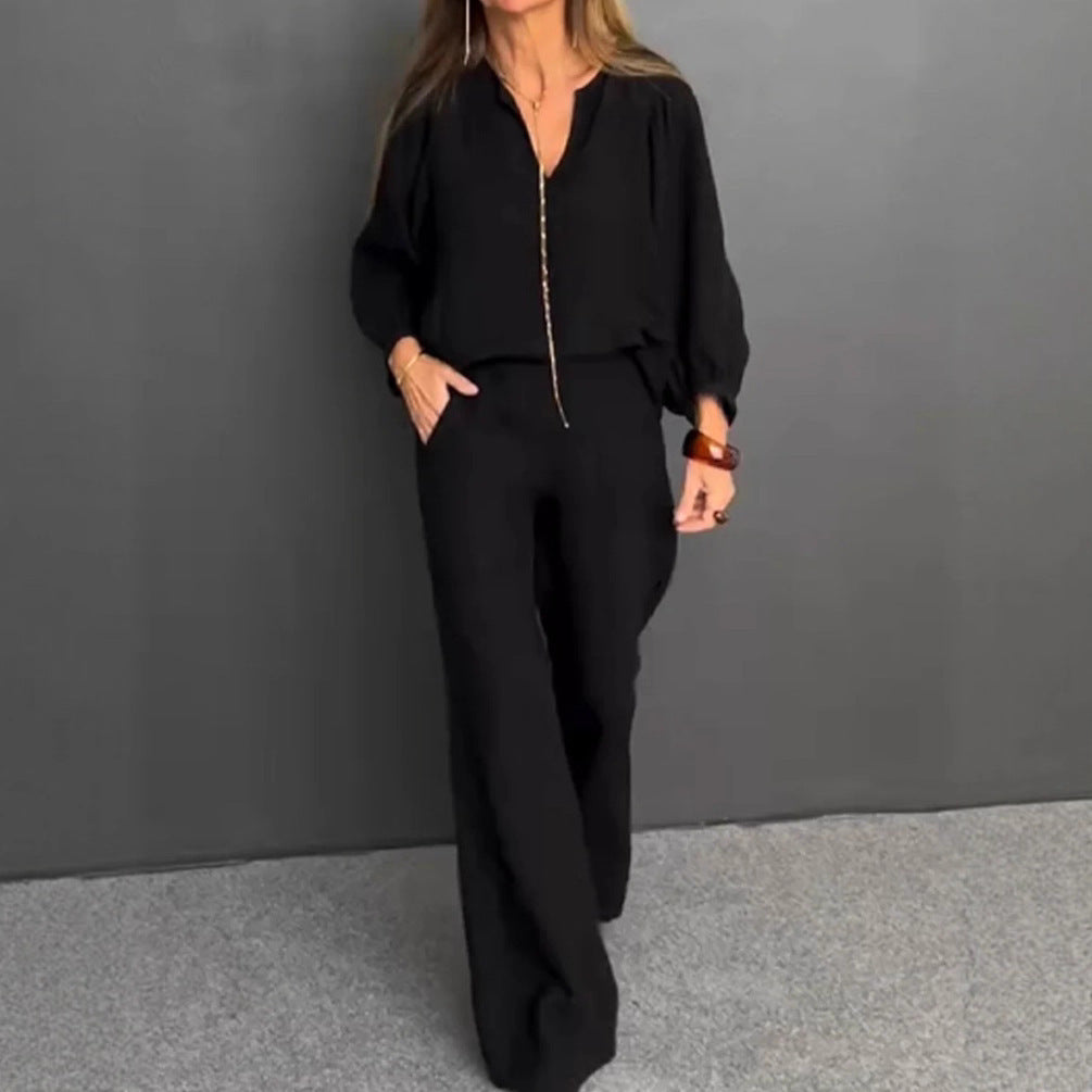 Womens Casual Long-Sleeve Cotton-Linen Top And Straight-Leg Pants Two-Piece Set
