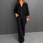 Womens Casual Long-Sleeve Cotton-Linen Top And Straight-Leg Pants Two-Piece Set