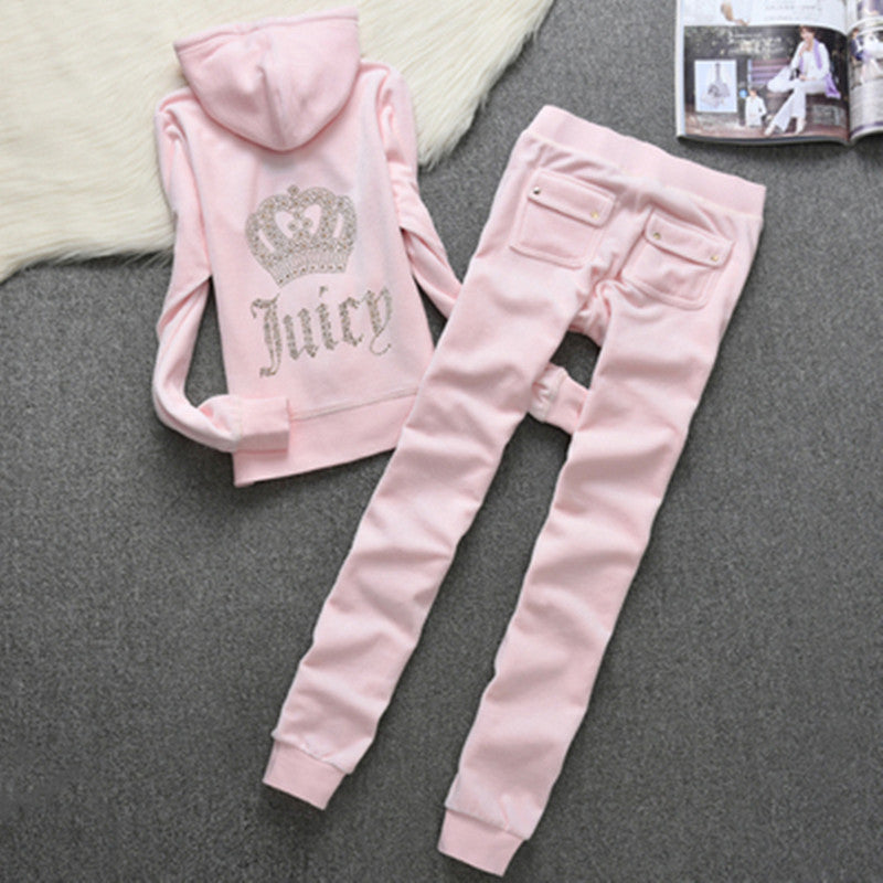 Womens Fashion Gold-Thread Velvet Top And Pants Sporty Casual Set