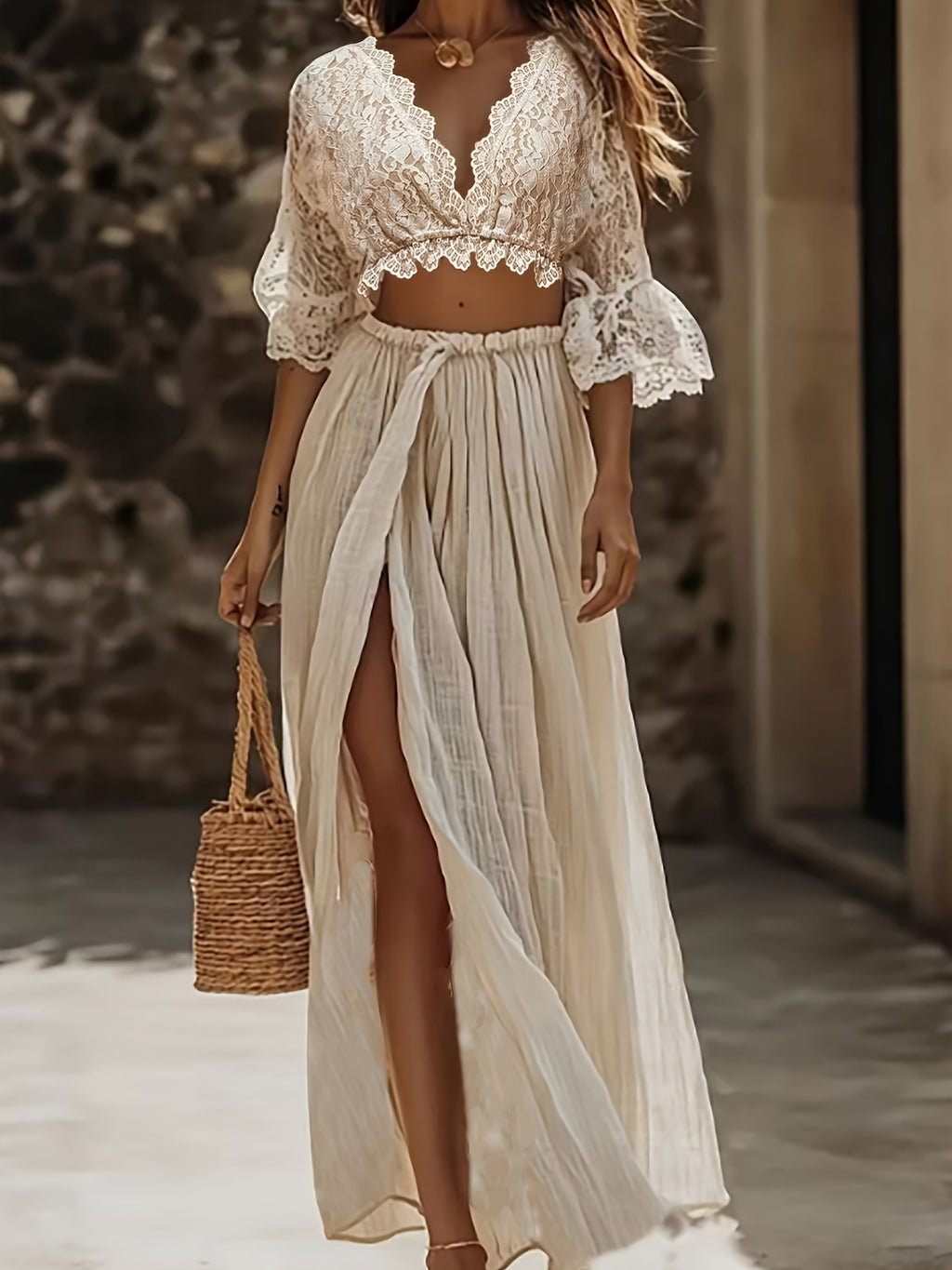 Elegant Womens Beach Lace-Patchwork Skirt Set