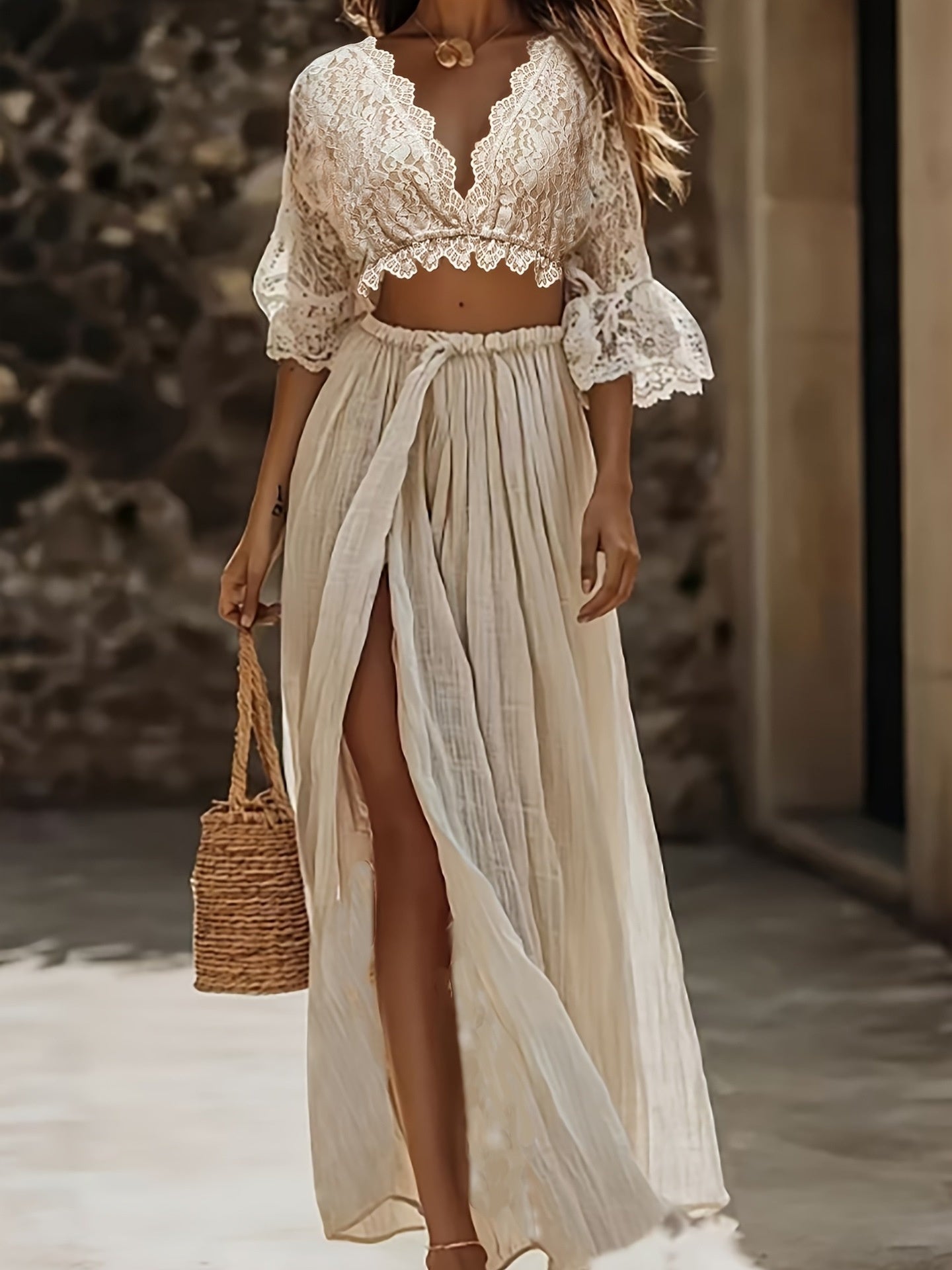 Elegant Womens Beach Lace-Patchwork Skirt Set