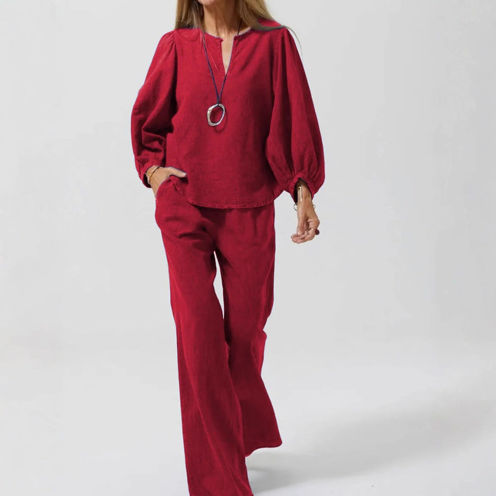 Womens Casual Long-Sleeve Cotton-Linen Top And Straight-Leg Pants Two-Piece Set