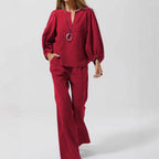 Womens Casual Long-Sleeve Cotton-Linen Top And Straight-Leg Pants Two-Piece Set