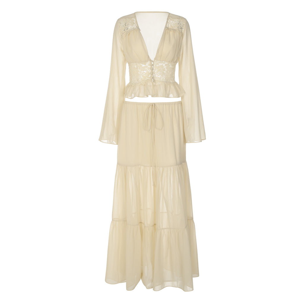 Womens Lace Chiffon Cardigan Top And Loose Long Skirt Set