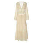 Womens Lace Chiffon Cardigan Top And Loose Long Skirt Set