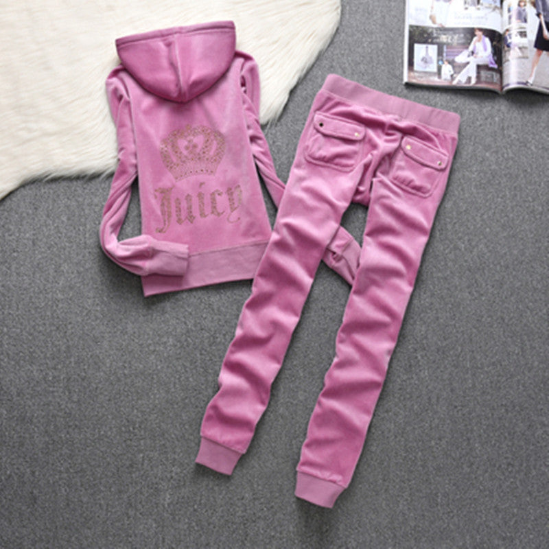 Womens Fashion Gold-Thread Velvet Top And Pants Sporty Casual Set