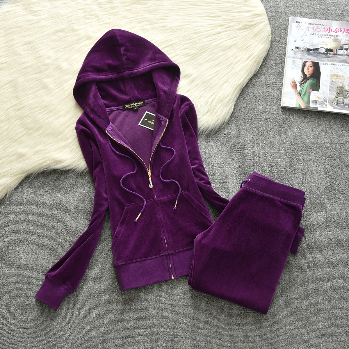 Womens Fashion Gold-Thread Velvet Top And Pants Sporty Casual Set