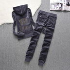 Womens Fashion Gold-Thread Velvet Top And Pants Sporty Casual Set