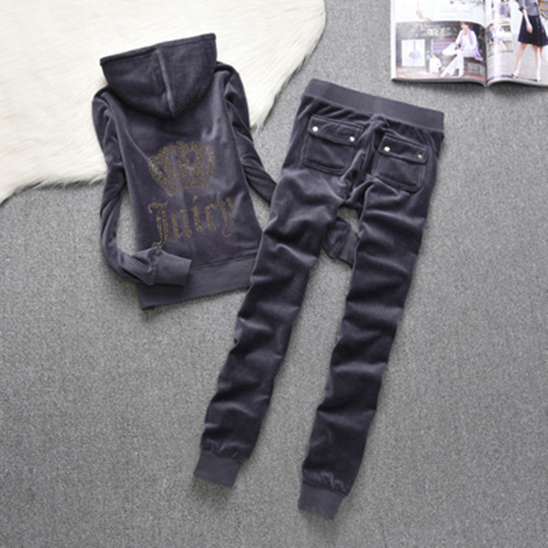 Womens Fashion Gold-Thread Velvet Top And Pants Sporty Casual Set