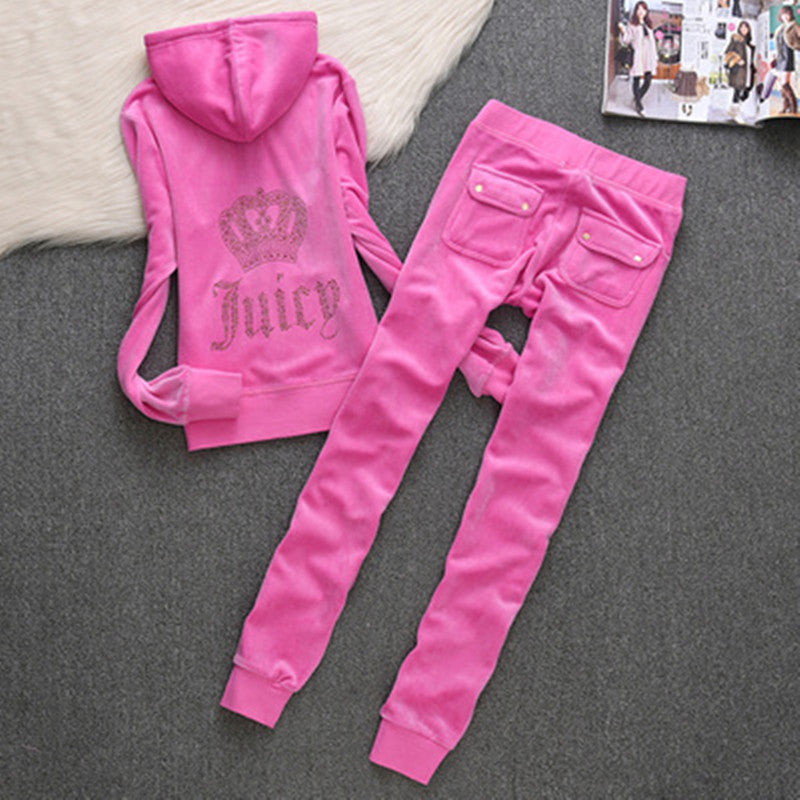 Womens Fashion Gold-Thread Velvet Top And Pants Sporty Casual Set