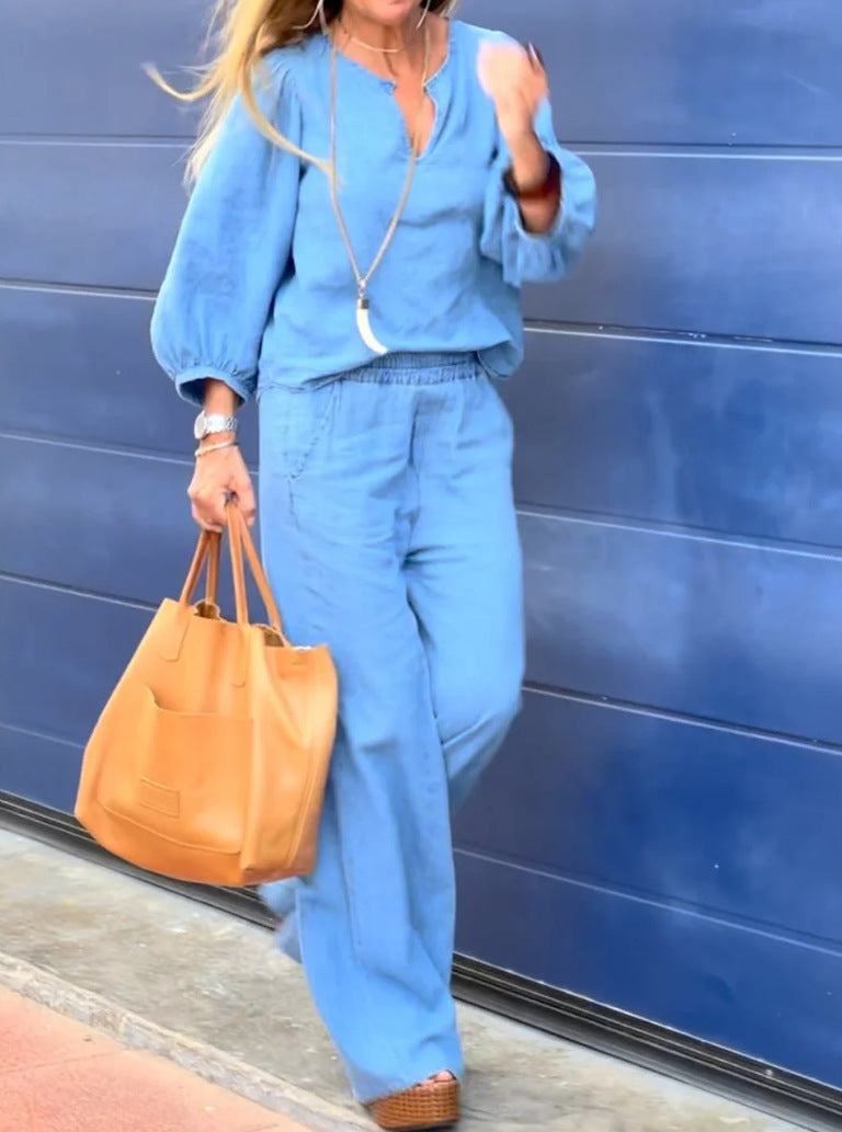Womens Casual Long-Sleeve Cotton-Linen Top And Straight-Leg Pants Two-Piece Set