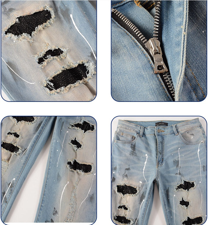 Amiri Jeans Ripped Rhinestone Graffiti Skinny Pants