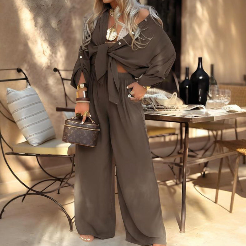 Womens Long-Sleeve Shirt And Wide-Leg Pants Loose Stylish Casual Set