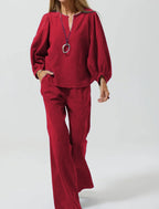 Womens Casual Long-Sleeve Cotton-Linen Top And Straight-Leg Pants Two-Piece Set