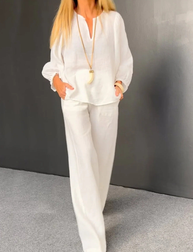 Womens Casual Long-Sleeve Cotton-Linen Top And Straight-Leg Pants Two-Piece Set