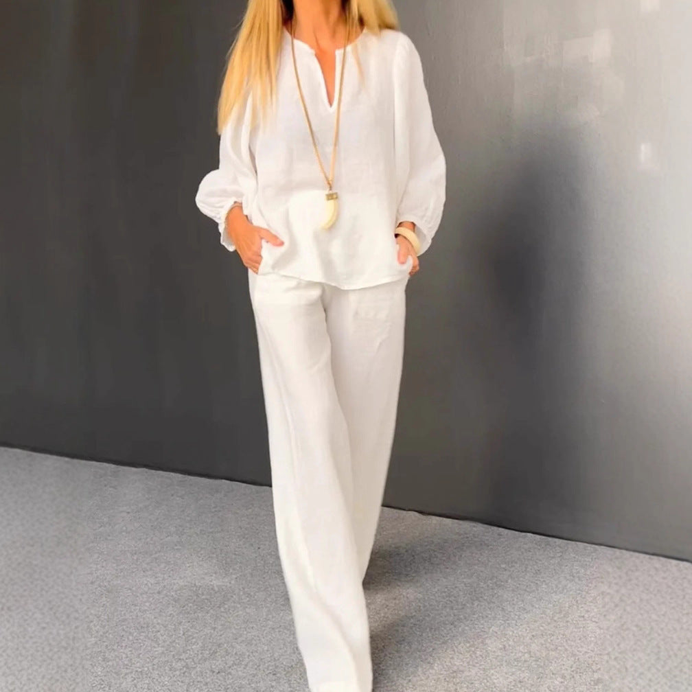 Womens Casual Long-Sleeve Cotton-Linen Top And Straight-Leg Pants Two-Piece Set