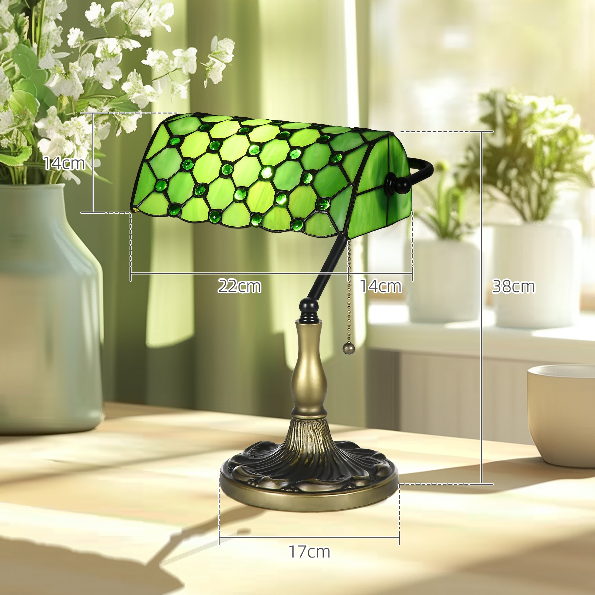 Stained Glass Table Lamp, Vintage Lamp With Green Handmade Shade, Metal Base, Antique Bedside Lamp For Bedroom Living Room Home Decoration