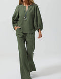 Womens Casual Long-Sleeve Cotton-Linen Top And Straight-Leg Pants Two-Piece Set