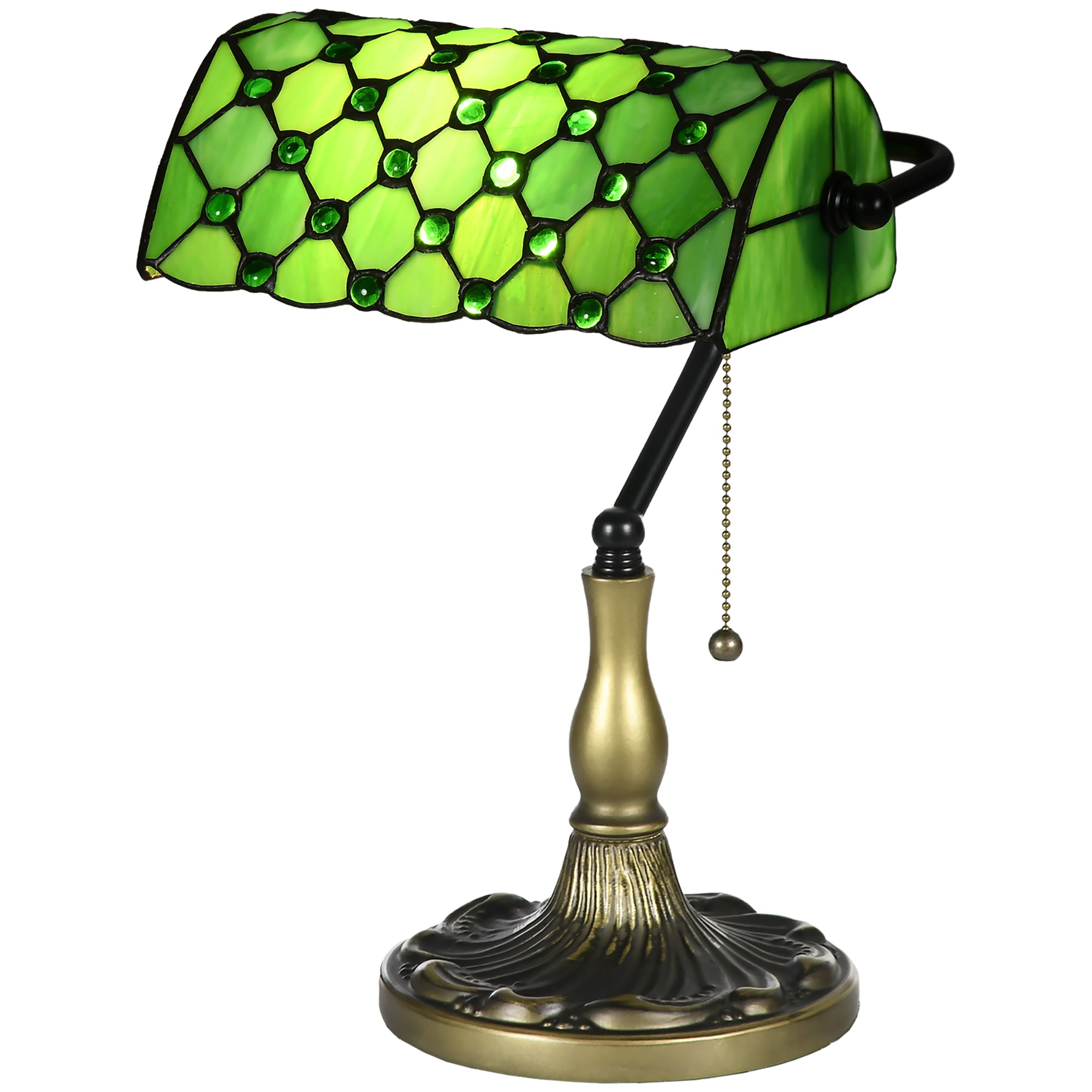 Stained Glass Table Lamp, Vintage Lamp With Green Handmade Shade, Metal Base, Antique Bedside Lamp For Bedroom Living Room Home Decoration