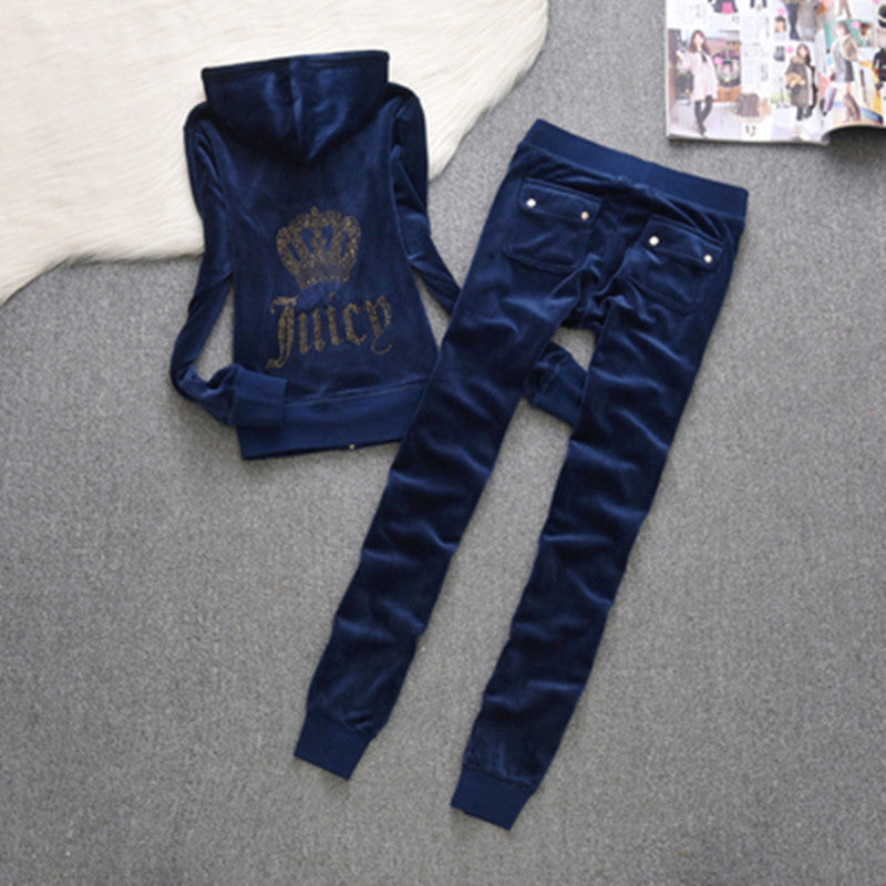 Womens Fashion Gold-Thread Velvet Top And Pants Sporty Casual Set