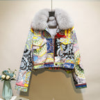 Women's Vintage Printing Denim Plush Thickened Coat