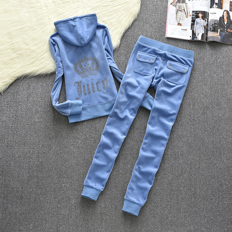 Womens Fashion Gold-Thread Velvet Top And Pants Sporty Casual Set